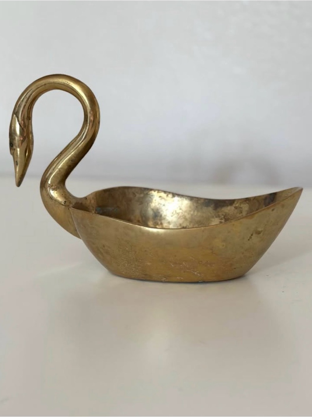 Vintage Mid Century Brass Swan Figure Jewelry Dish Decor
